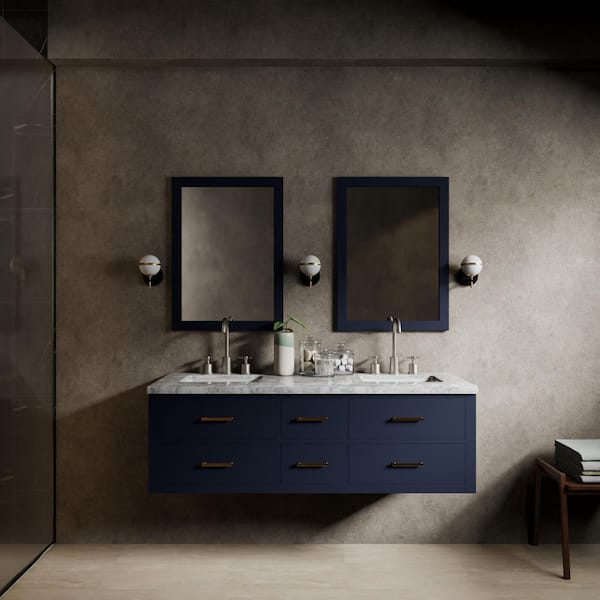 Sherman 60 in W x 22 in D Blue Double Bath Vanity, Carrara Marble Top, and 28 in Mirrors