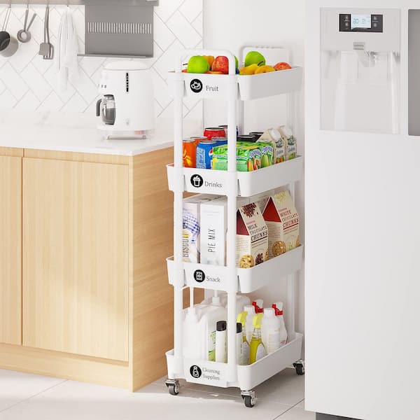 4-Tier White Storage Organizer with Wheels and Classified Stickers, Utility Storage Carts for Bathroom, Laundry, Kitchen