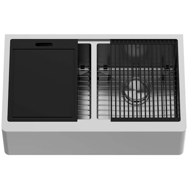 Oxford Stainless Steel 33 in. Single Bowl Flat Farmhouse Apron-Front Workstation Kitchen Sink with Accessories