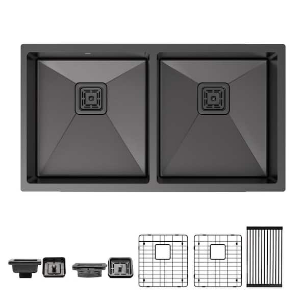 32 in. Undermount Double Bowl 16-Gauge Black Stainless Steel Kitchen Sink