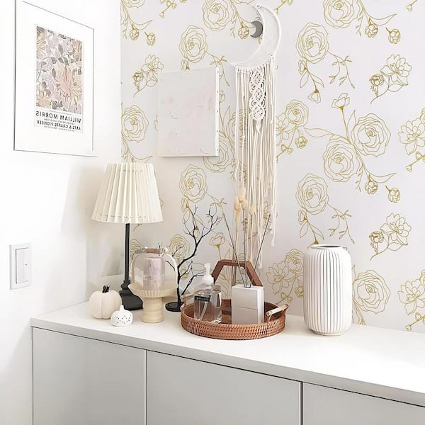 White and Gold Floral Contact Paper Peel and Stick Wallpaper Roll