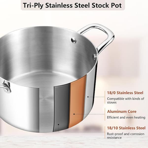 Stock Pot 6 qt. Stainless Steel Tri-Ply Pasta Soup Pot with Glass