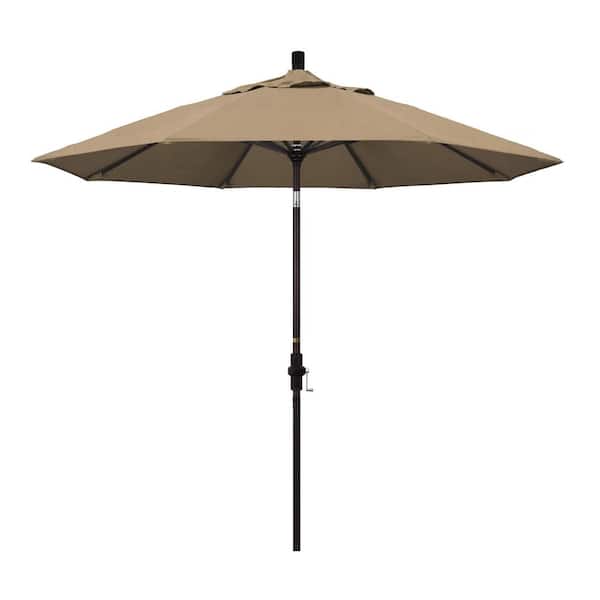 California Umbrella 9 ft. Bronze Aluminum Pole Market Aluminum Ribs Collar Tilt Crank Lift Patio Umbrella in Heather Beige Sunbrella