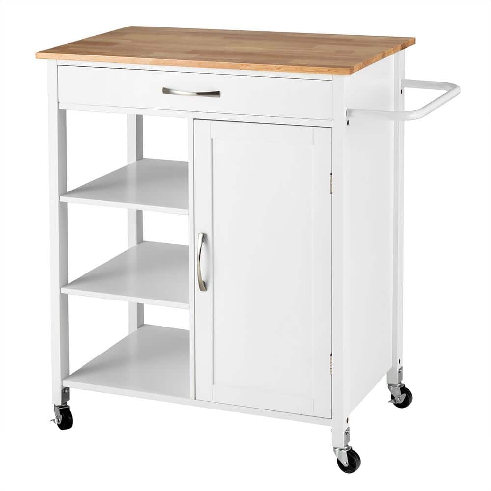 Gymax White Mobile Kitchen Cart Island Serving Utility Trolley Drawer ...