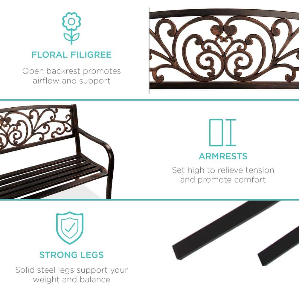 Bronze Floral Design Outdoor Steel Bench with Slatted Seat