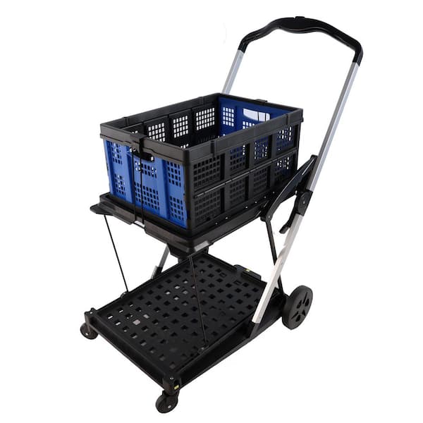 2-Tier Plastic 4-Wheeled Folding Serving Cart Utility Cart in Black with 200 lb Shopping Cart Collapsible Cart
