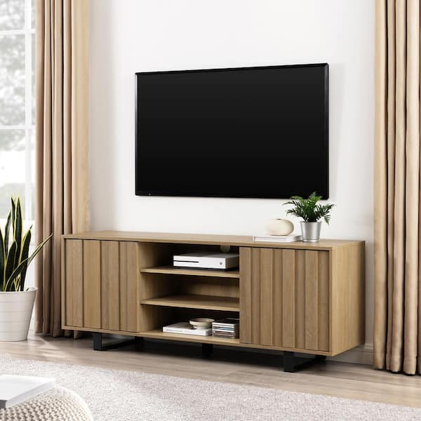 Walker Edison Furniture Company 60 in. Coastal Oak Wood and Metal Modern Striped TV Stand with 2-Doors for TVs Up to 65 in.