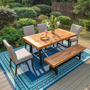 6-Piece Metal Patio Outdoor Dining Set with Wood Dining Table and Textilene Fabric Padded Chairs