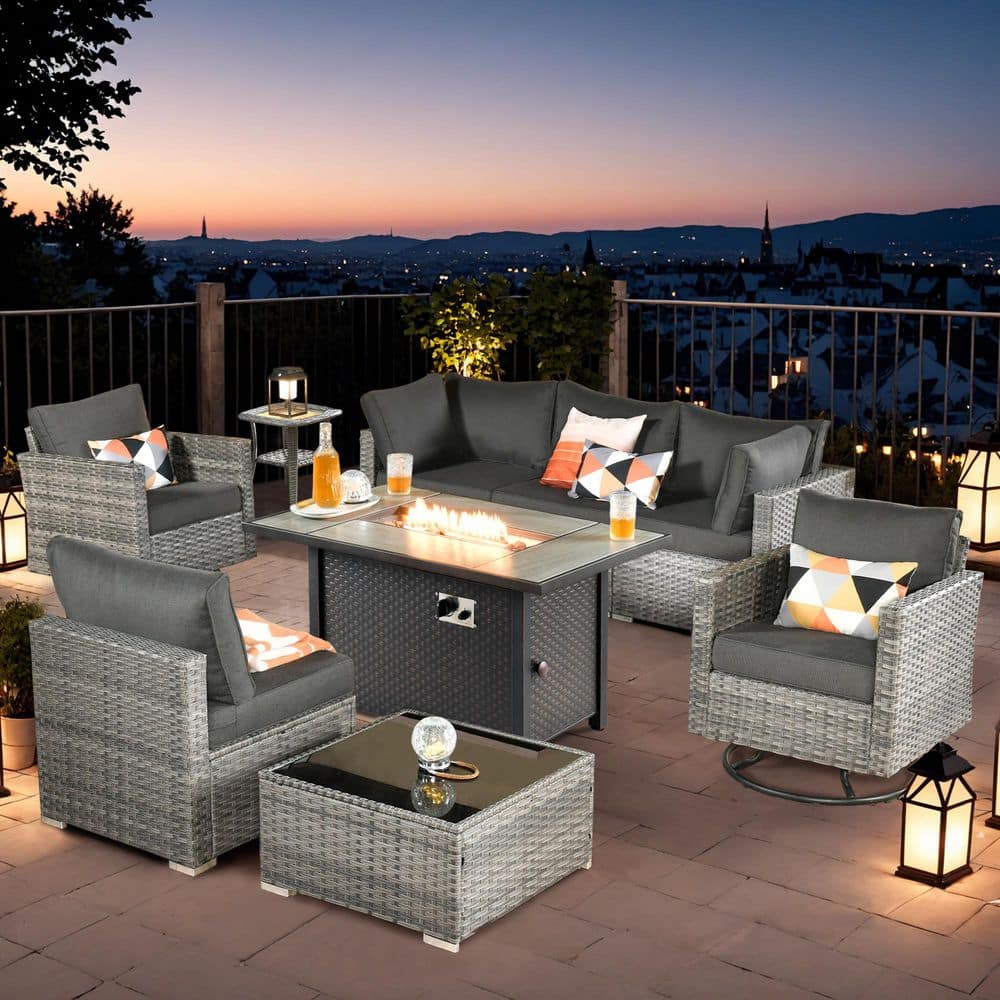 Clove 9 Pieces Wicker Outdoor Patio Rectangular Fire Pit Set and Swivel Rocking Chairs with Black Cushions price history on PriceWatchPro