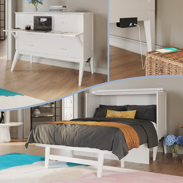 Northampton White Solid Wood Frame Full Size Murphy Bed Desk with Mattress