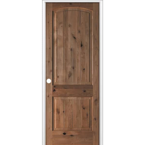 30 in. x 96 in. Rustic 2-Panel Arch Top VG Right-Hand True Black Stain Knotty Alder Wood Single Prehung Interior Door