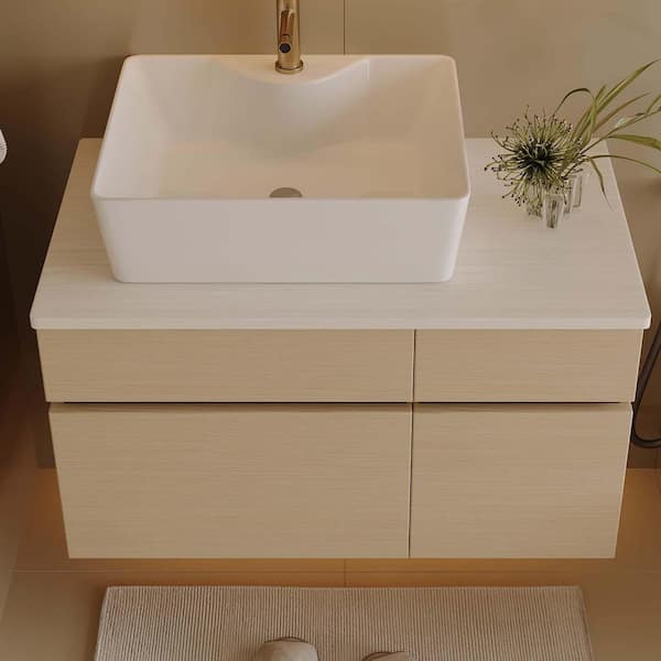 31.5 in. Single Sink Wall Mounted Wood Bath Vanity with White Wood Top and Ceramic Vessel Sink (Self Assembly Needed)