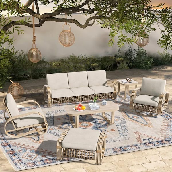ULAX FURNITURE Arsterie 6-Piece Aluminum Outdoor Conversation Set with Beige Cushions