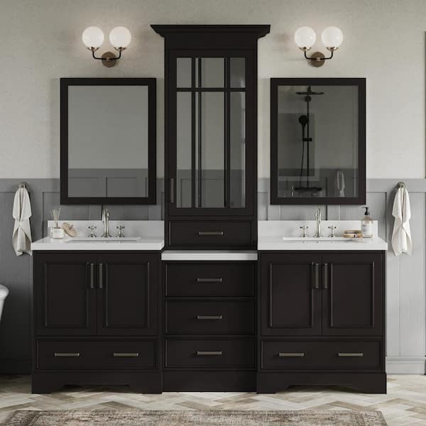 ARIEL Stafford 85 in. W x 22 in. D x 89 in. H Double Bath Vanity in Espresso with Carrara Marble Tops and Mirrors
