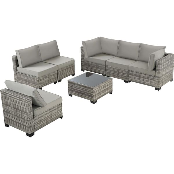 JUSKYS All-Weather 7-Piece Mix-Gray PE Wicker Patio Conversation Furniture Set with Iron Gray Cushions