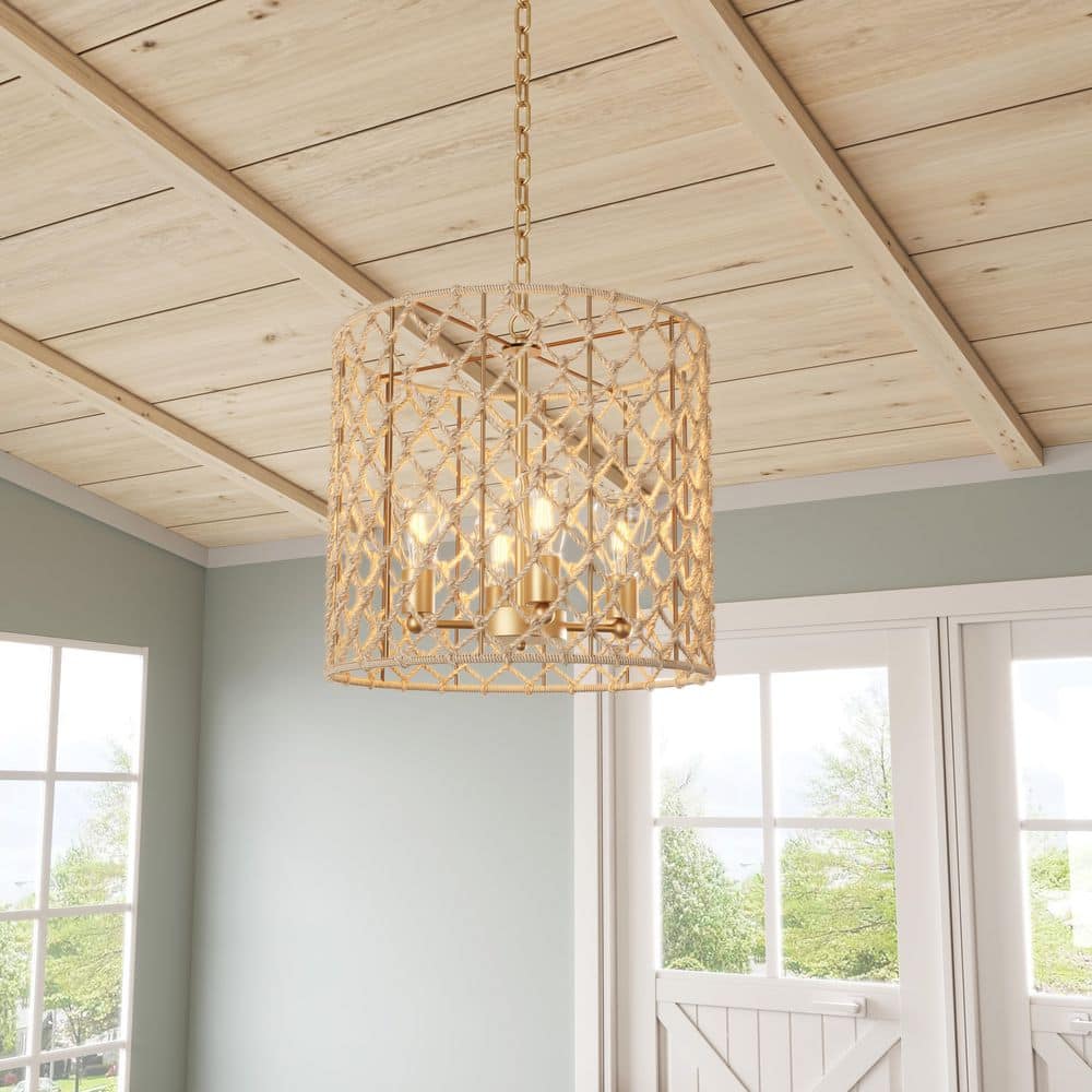 21.25 in. 4-Light Gold Woven Chandelier Rustic Boho Height Adjustable Wicke