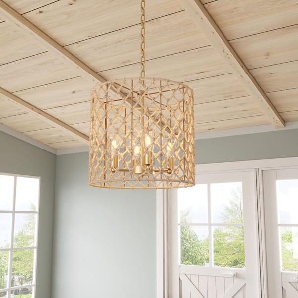 aiwen 21.25 in. 4-Light Gold Woven Chandelier Rustic Boho Height Adjustable Wicker Hand Woven Basket Pendant Light