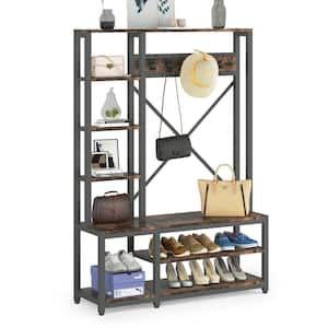 Hiers Brown Wood 4-in-1 5-Hooks Entryway Hall Tree Side Storage Shelves Shoe Bench 47.2 in. L x 15.7 in. W x 70.9 in. H
