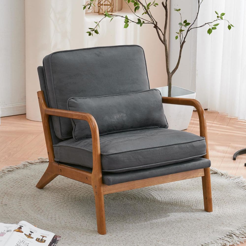 Dark Grey Velvet Arm Chair with Wood Frame