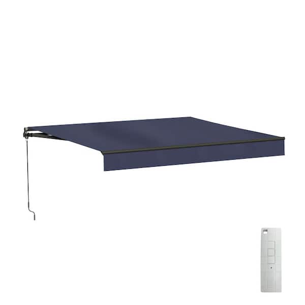 13 ft. Caribbean Motorized Retractable Patio Awning 10 ft. Projection in Dark Blue with Black Frame