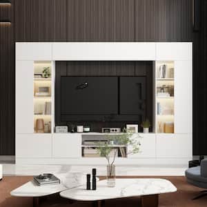 4-Piece White Wood Entertainment Center TV Console with Door Cabinets, Bookshelves, LED Lights for TVs up to 75 in.