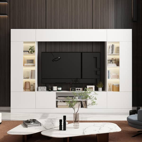 FUFU&GAGA 4-Piece White Wood Entertainment Center TV Console with Door Cabinets, Bookshelves, LED Lights for TVs up to 75 in.
