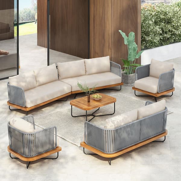 Cali 6-Piece Solid Wood and Rope Weave Outdoor Patio Conversation Set with Beige Cushions, 8 Seater, Teak Finish+Grey