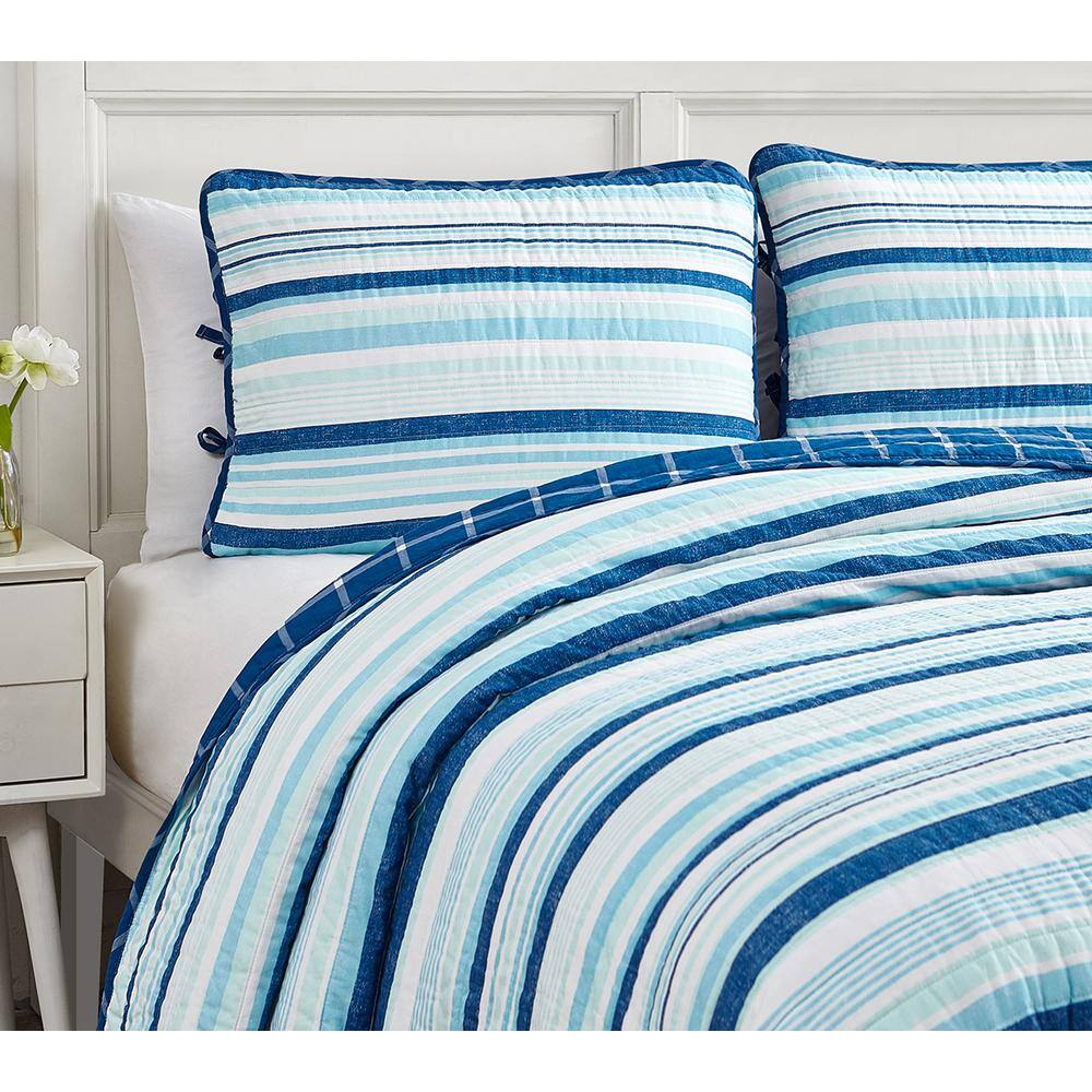 Newport Stripe King Cotton Reversible Quilt Set in Blue