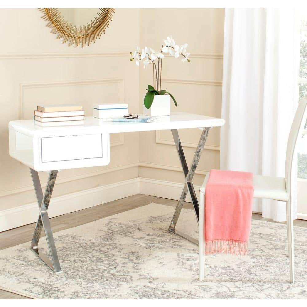 White and Silver Transitional Wood Home Office Desk with Drawer