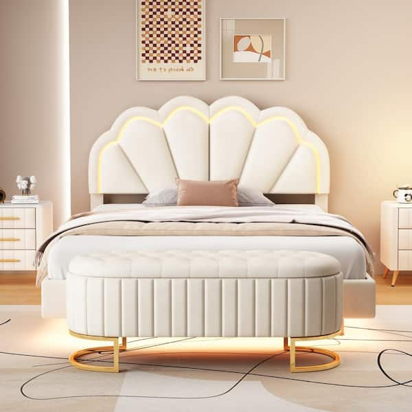 6-Pieces Bedroom Furniture Set, Include Queen Cream Upholstered Platform  Bed with Storage Ottoman,6 Drawers Dresser, Mirror,4 Drawers Chest, 2  Drawers