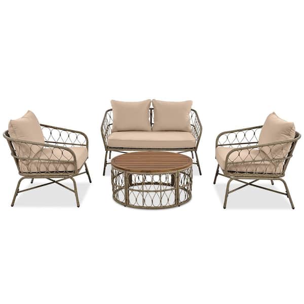 Bohemia-inspired 4-Piece Wicker Patio Conversation Set with Wood Tabletop and Beige Cushions