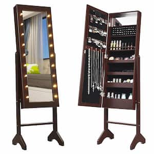 57 in. H x 14 in. W x 12.5 in. D 18-LED Lights Brown Full Length Mirror Jewelry Organizer Vanity Box