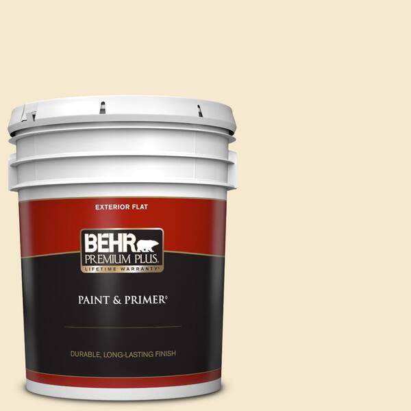BEHR PREMIUM PLUS 5 gal. #360E-1 Creme Brulee Flat Exterior Paint & Primer