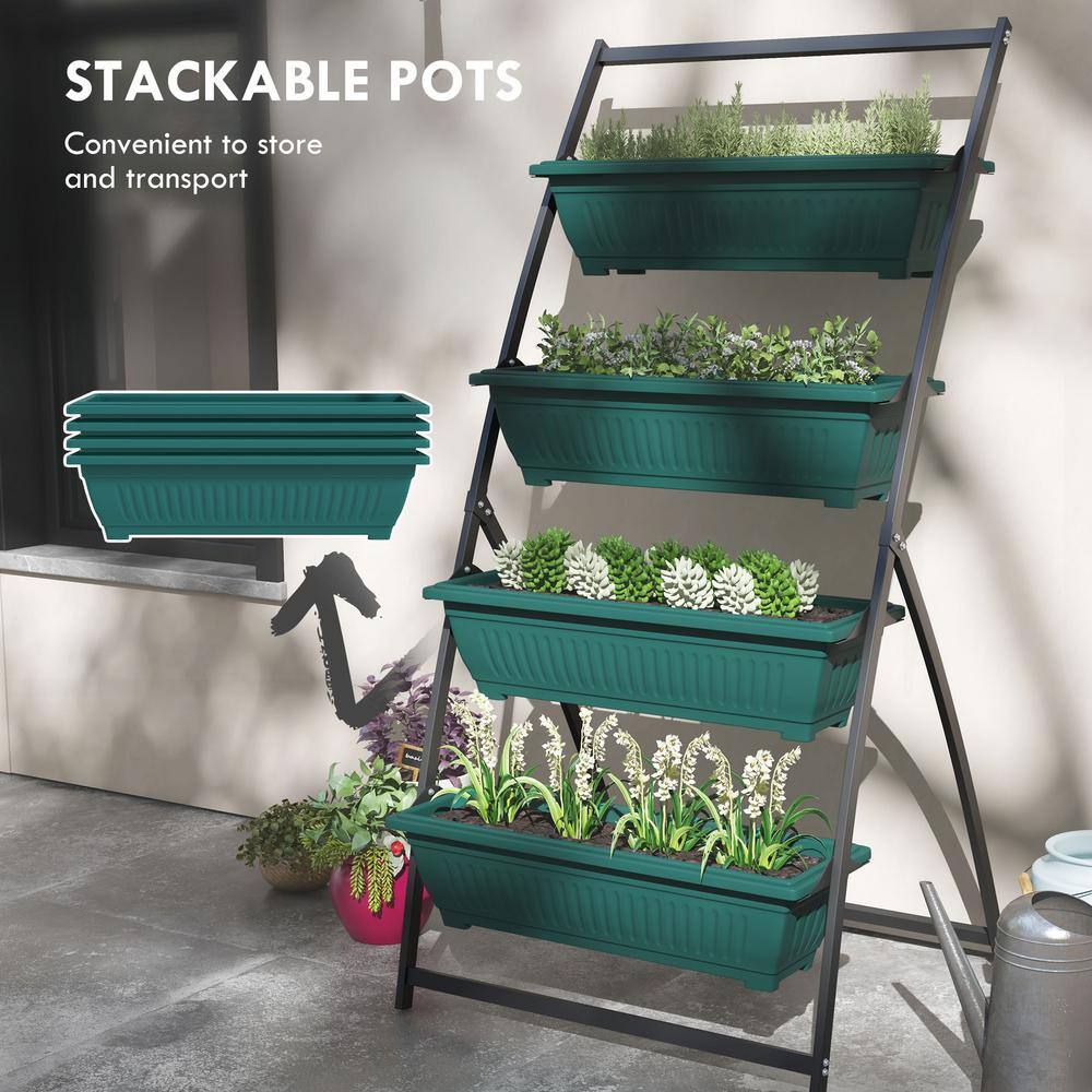 Green Plastic 4-Tier Vertical Garden Planter with Self-Draining Boxes