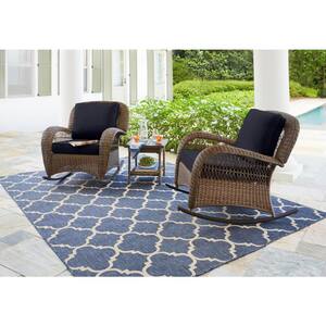 Beacon Park Brown Wicker Outdoor Patio Rocking Chair with CushionGuard Midnight Navy Blue Cushions