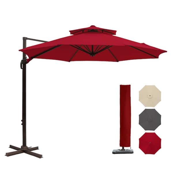 LAUREL CANYON 11 ft. Aluminum Offset Cantilever Adjustable Vertical Tilt Round Patio Umbrella in Red