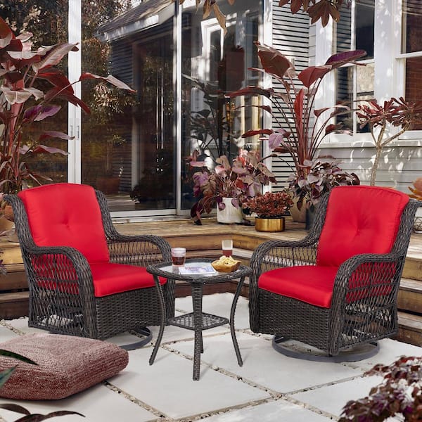 Gardenbee 3-Piece Brown Wicker Outdoor Swivel Rocking Chair Set with Red Cushions Patio Conversation Set (2-Chair)