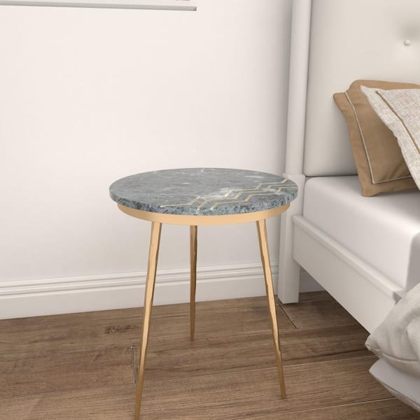 Litton Lane 16 in. Gold Medium Round Marble End Accent Table with Black Marble Top