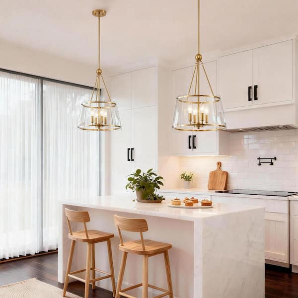 4 Light Brushed Gold Shaded Pendant Light with Clear Glass Shade