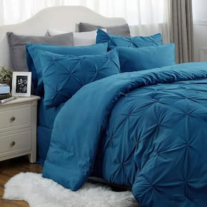 King Size Comforter Set 7 Pieces, Pintuck Bed in a Bag with Comforter, Bed Sheet, Pillowcases and Shams, Teal