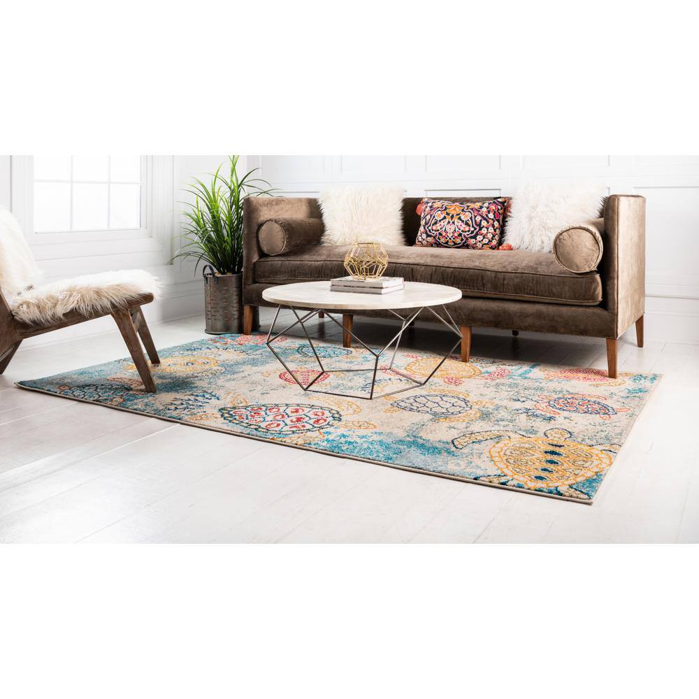 Coastal Sea Turtle Blue and Beige 4' x 6' Rug