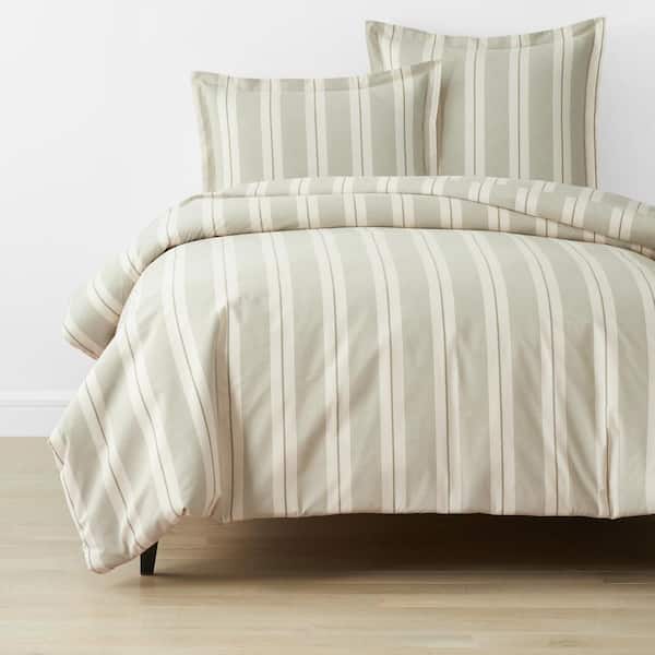 Wide Stripe T200 Yarn Dyed Moss Green Full/Queen Cotton Percale Duvet Cover