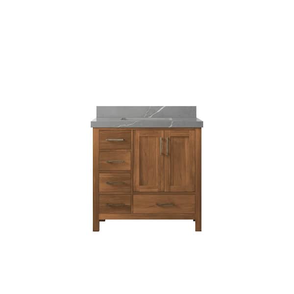 Willow Collections Malibu Teak 36 in. W x 22 in. D x 36 in. H Single Sink Bath Vanity Center in Gold Teak with 2" Piatra Quartz Top