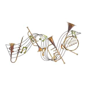 39 in. x  22 in. Metal Brown Musical Notes Wall Decor with Trumpets