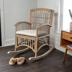 Swayze Bohemian Farmhouse Woven Rattan/Wood Rocking Chair, White Cushion with Gray/White Wash Frame