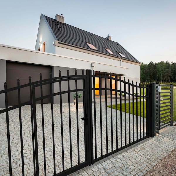 Vienna Style 14 ft. x 7 ft. with Pedestrian Gate Black Steel Swing Dual Driveway Fence Gate