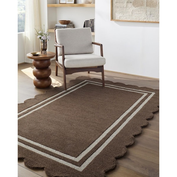 Livabliss Scalloped Dark Brown Modern Border 9 ft. x 12 ft. Area