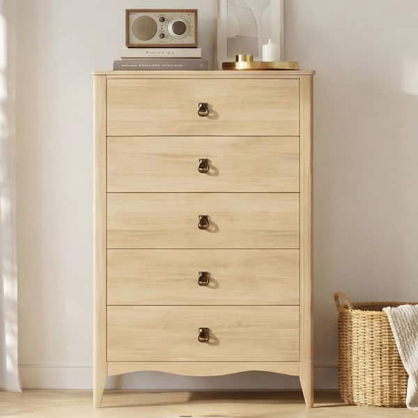 Myra 30.7 in. Oak/Natural 5 Drawer Dresser with Anti-Tip, Tall Storage Organizer Chest for Bedroom Living Room
