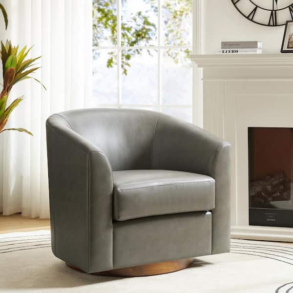 JAYDEN CREATION Meroy 30.5 in. Wide Grey Modern Swivel Barrel Faux Leather Chair with Solid Wood Base
