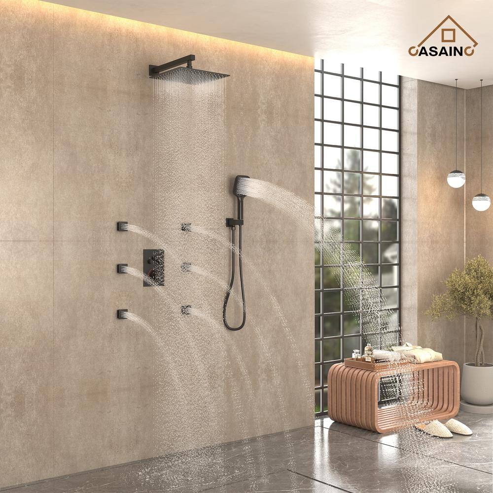 Matte Black 12-Inch Stainless Steel Multi-Head Wall Mounted Shower System